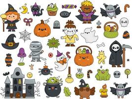 Vector kawaii Halloween clipart set for kids. Cute cartoon Samhain party elements. Scary collection with jack-o-lantern, haunted house, ghost, skull, bat, witch, vampire. Autumn holiday characters