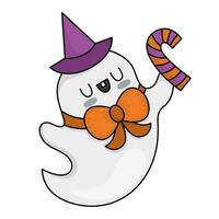 Vector kawaii ghost in hat, bow with candy cane. Cute Halloween character for kids. Funny autumn all saints day cartoon illustration with spook. Samhain party day of the dead icon for children