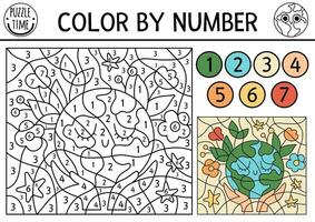 Vector ecological color by number activity with hands holding planet. Eco awareness scene. Black and white counting game with cute Earth. Earth day coloring page for kids