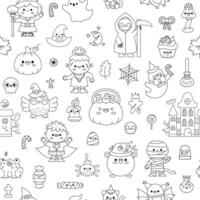 Vector black and white kawaii Halloween seamless pattern for kids. Cute line Samhain party repeat background. Scary collection with haunted house, ghost, witch. Autumn holiday digital paper