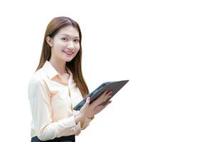 Professional Asian confident businesswoman uses tablet to search data in working from anywhere concept while isolated on white background. photo