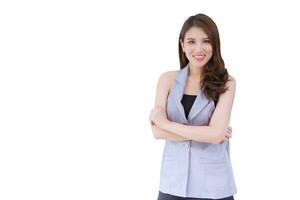 Professional young Asian business woman office worker in gray shirt is smiling working successful confidently with arms crossed in the office room while working isolated on white background. photo