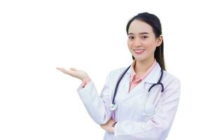 Asian professional young female doctor shows her hand to present something in office at hospital while working isolated on white background. photo