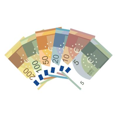 Euro banknote set. Five, ten, twenty, fifty, one hundred and two hundred euros. Vector illustration.