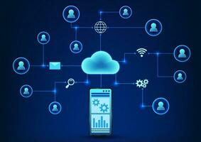 Cloud technology that integrates with smartphones Keeps important information and shares information with recipients. Vector illustration of the mobile phone connected to the cloud connected icon.