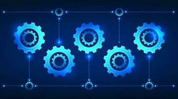 Gear technology illustration set of multiple gears with connected lines. It conveys the drive for technology to develop, to work together to help think and work in order to achieve the desired goals. vector