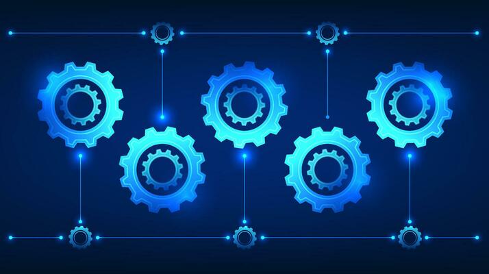 Gear technology illustration set of multiple gears with connected lines. It conveys the drive for technology to develop, to work together to help think and work in order to achieve the desired goals.