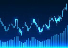 Technology background with price charts used to measure the growth, profit, and loss of the company It is a dark blue vector picture with candlestick charts and bar charts behind the number codes.