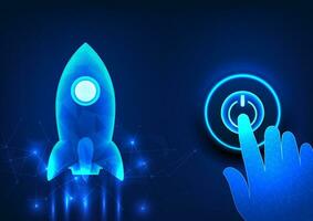 Vector illustration of a rising rocket with a hand pushing a start button. Technology concepts that are rapidly evolving with the ability of human beings.