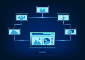 Long distance communication technology via the Internet which is used both to talk and send business information through computer equipment Vector computer connected icons