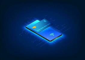 Smartphone technology with a credit card placed above the mobile screen Smartphone technology can pay for products online via the Internet network. to make life more convenient and faster vector