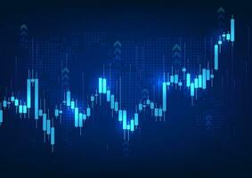 Graph technology background It is a technology that shows the growth price of a company in the stock market. Vector illustration of a candlestick chart with a blue rising arrow behind a world map.