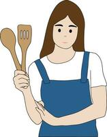 a woman holding a wooden spoon and a wooden spoon vector