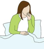 illustration of a woman in bed with her hand cover her mouth, cough. vector