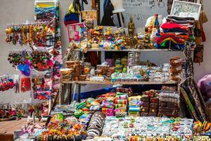 Street sell of Colombian typical handicrafts in the walled city in Cartagena de Indias photo