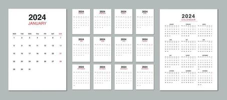 Calendar 2024 week start Monday. Editable 2024 calendar design template for happy new year. vector