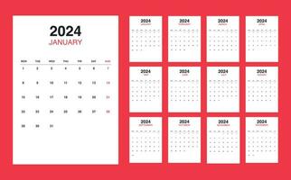 Calendar 2024 week start Monday. Editable 2024 calendar design template for happy new year. vector