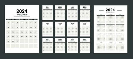 Editable 2024 calendar design template for happy new year. English vector calendar layout.