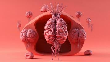 3D illustration mockup of the human organ system, Anatomy, Nervous, circulatory, digestive, excretory, urinary,and bone systems. Medical education concept, Generative AI illustration photo