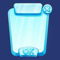 Ice button, frozen frame, level menu in cartoon style isolated on white background. Glass shiny panel, game ui element. . Vector illustration