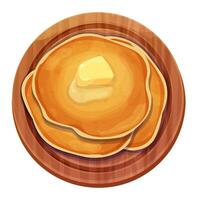 Pancakes stack with butter top view in wooden plate in cartoon style isolated on white background. Circle dessert, breakfast. . Vector illustration