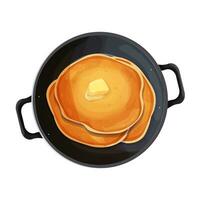 Pancake top view with butter in frying pan, wok in cartoon style isolated on white background. Circle dessert, breakfast. . Vector illustration