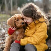 girl in a yellow sweater with curly hair hugging a dog photo