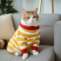 red striped cat sits in a white sweater on a yellow sofa. photo