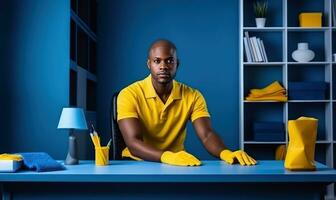 working office staff with a cleaning in blue uniforms. photo