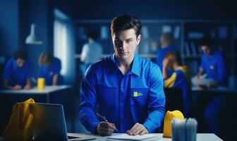 working office staff with a cleaning in blue uniforms. photo