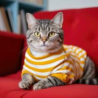 red striped cat sits in a white sweater on a yellow sofa. photo