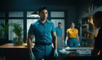 working office staff with a cleaning in blue uniforms. photo