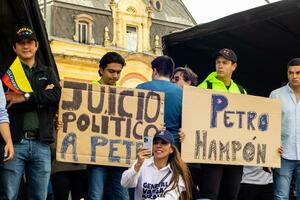 Bogota, Colombia, 16 August 2023. March asking for Gustavo Petro impeachment. Peaceful protest march in Bogota Colombia against the government of Gustavo Petro called La Marcha de la Mayoria. photo