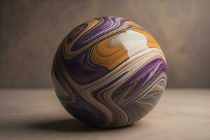 Colorful marble ball on a solid colour background. Close-up. ai generative photo