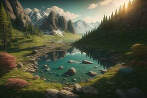 Beautiful fantasy landscape with a river in the mountains. ai generative photo