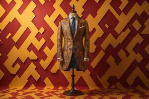 Stylish suits on mannequins on solid color background, closeup. ai generative photo