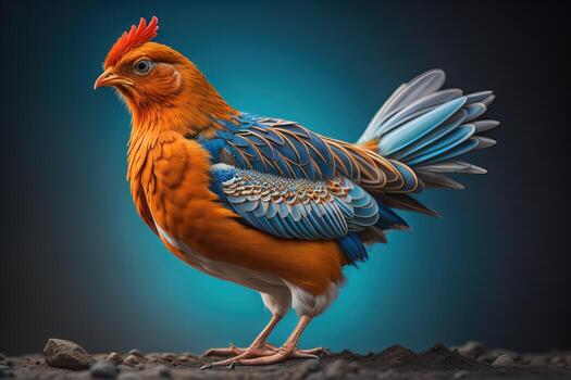 Colorful chicken on a solid color background, studio photo. ai generative photo