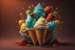 Ice cream in waffle cone on blue background, top view, flat lay. ai generative photo