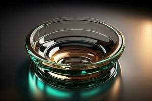 Empty glossy transparent ashtray on a dark background. ai generative photo
