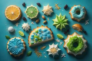 Homemade cakes on a solid colors background, top view. ai generative photo