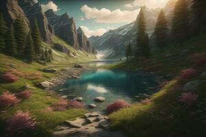 Beautiful fantasy landscape with a river in the mountains. ai generative photo