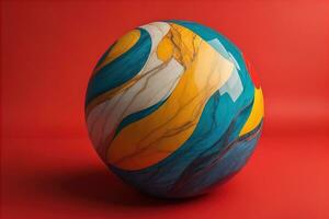 Colorful marble ball on a solid colour background. Close-up. ai generative photo