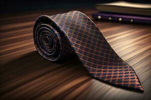 a necktie on a wooden background with reflection. ai generative photo