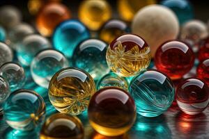 Colorful glass marbles on a the table. Selective focus. ai generative photo