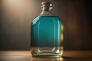 Bottle with a liquid on a solid color background. ai generative photo