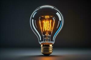 Glowing glass light bulb on dark background. ai generative photo