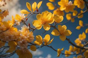 cherry blossom sakura flower on blue sky background, ai generative photo