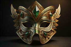 Venetian carnival mask with golden ornament on a solid color background. ai generative photo