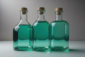 un fila de vaso botellas con de colores líquido. ai generativo foto