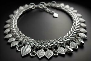 Silver necklace on a solid color background in close-up. ai generative photo